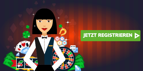 Casino Dealerin mit Spieltisch und Registrierungsbutton